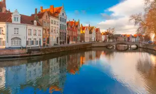 Spiegelrei water canal with beautiful houses in Bruges, Belgium
