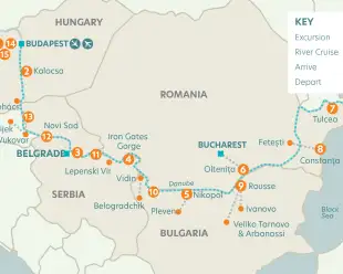 Route map of Budapest to the black sea